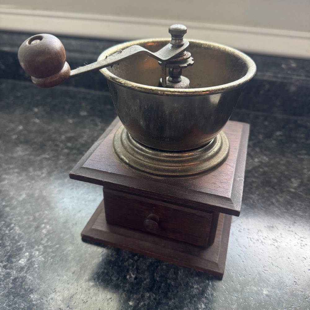 Vintage Manual Coffee Grinder Wooden Box Hand Crank Mill with Drawer Brown Metal